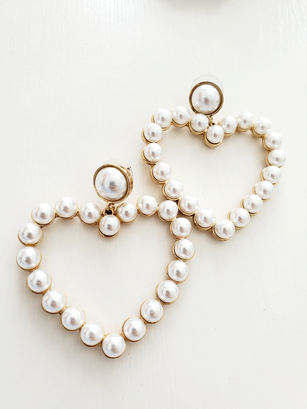 Gold & White Pearl Heart Drop Earrings